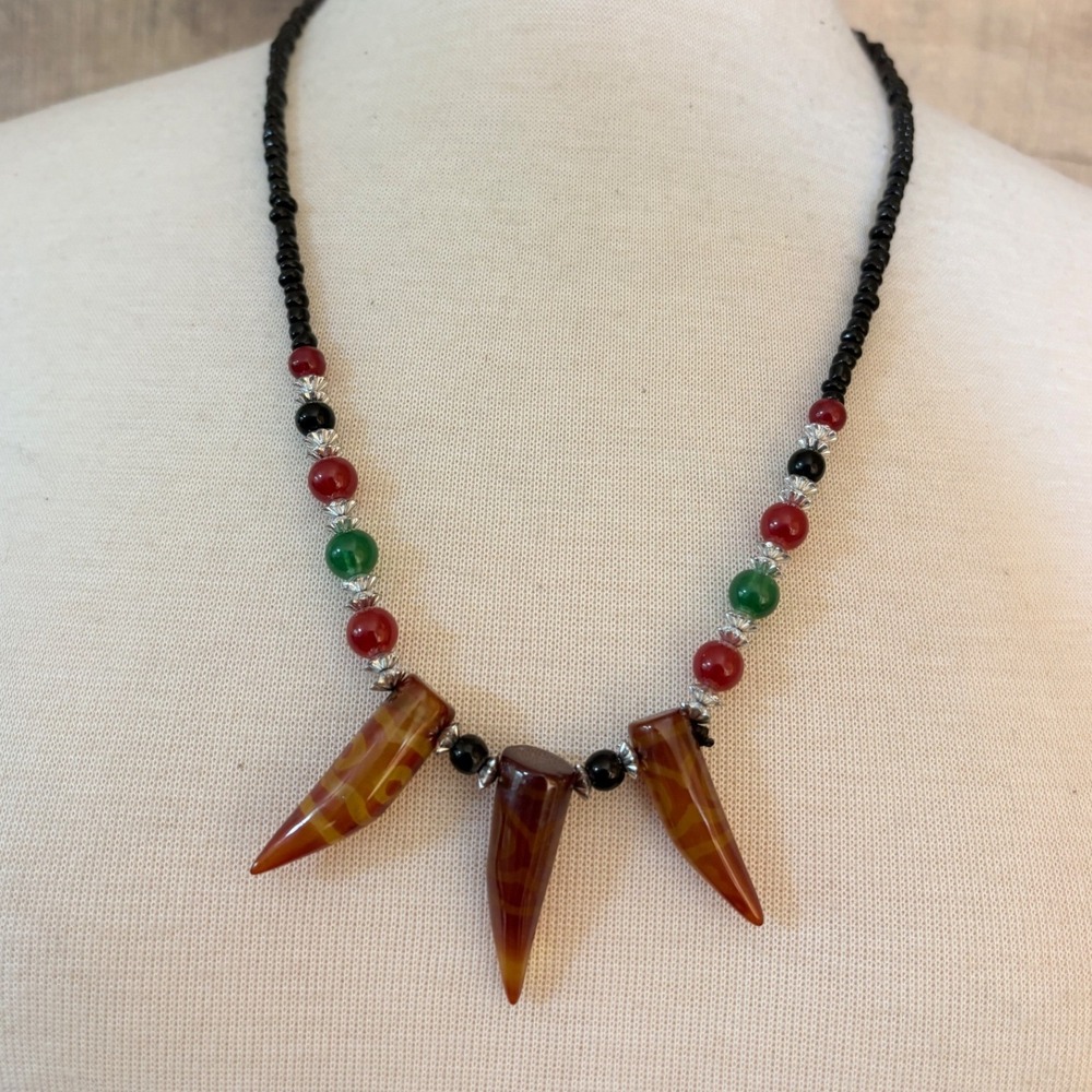Tribal Agate Horn Pendant Beaded Necklace Black Red Green Dzi Style
